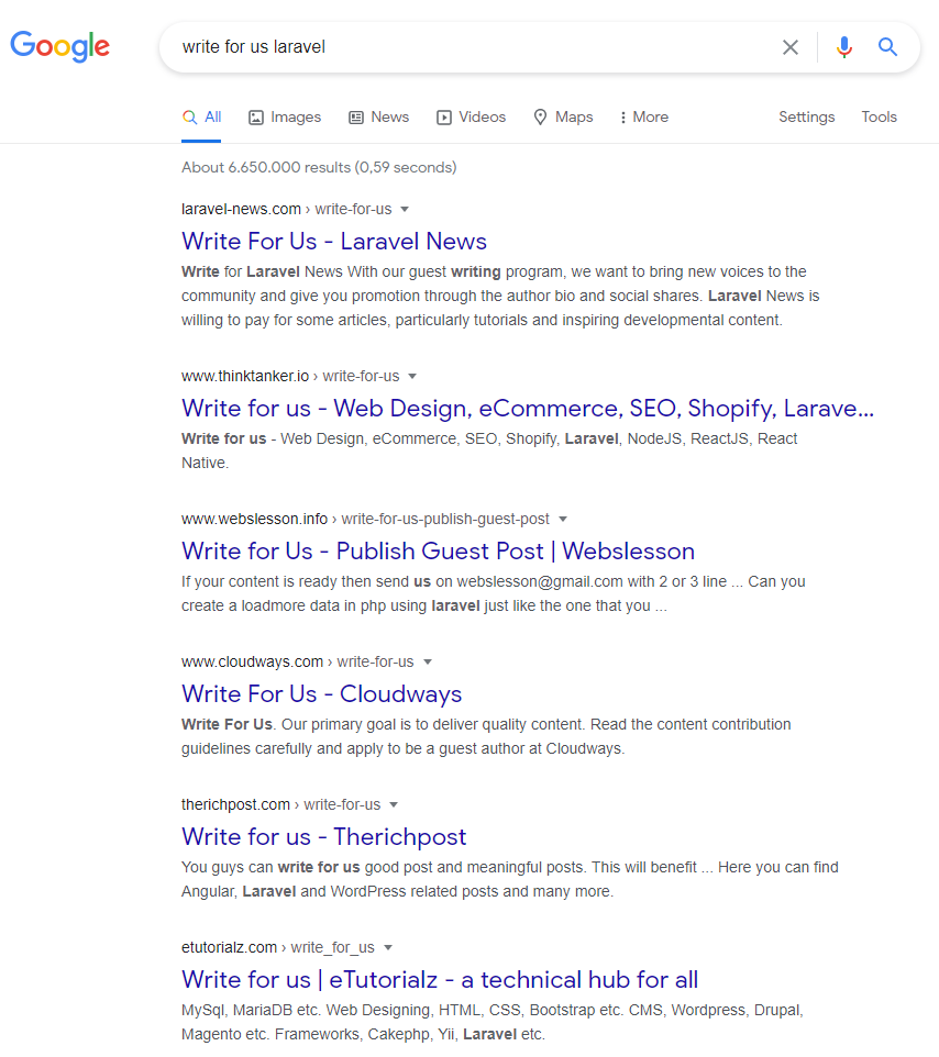 FAQs on technical content writing: Example for finding "write for us" opportunities on Google.